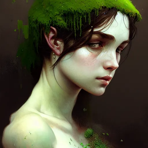 Prompt: A portrait of a girl covered in moss, face, intricate, elegant, highly detailed, digital painting, artstation, concept art, smooth, sharp focus, illustration, art by Krenz Cushart and Artem Demura and alphonse mucha