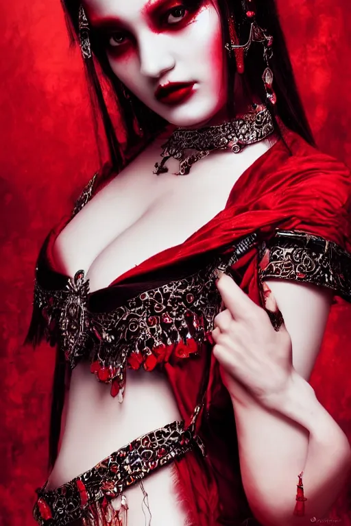 Image similar to portrait of the blood goddess, enigmatic beauty, dominant shades of crimson and red and black, photography, oriental silver ornaments, artstation