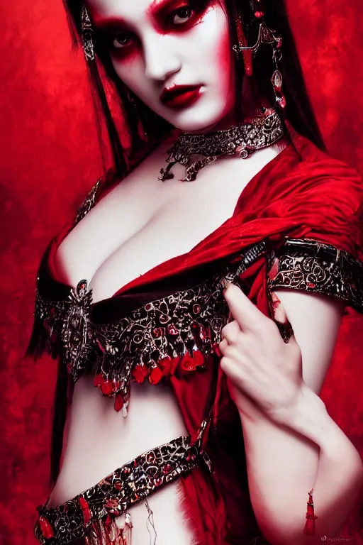 Prompt: portrait of the blood goddess, enigmatic beauty, dominant shades of crimson and red and black, photography, oriental silver ornaments, artstation