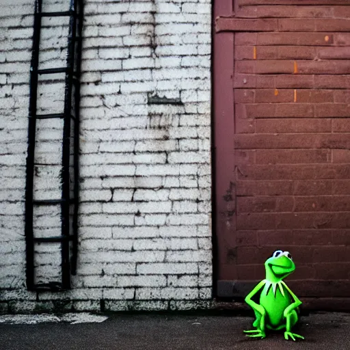 Image similar to DSLR photo of Kermit the frog drunk in a back alley