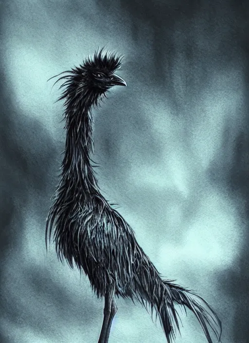 Image similar to emo emu, watercolor, dramatic lighting, cinematic, establishing shot, extremely high detail, foto realistic, cinematic lighting, pen and ink, intricate line drawings, by Yoshitaka Amano, Ruan Jia, Kentaro Miura, Artgerm, post processed, concept art, artstation, matte painting, style by eddie mendoza, raphael lacoste, alex ross