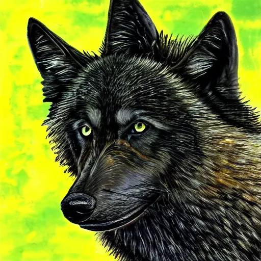 Prompt: black wolf in a grassy australian desert, gold colored eyes, art station