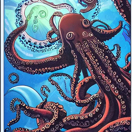Prompt: octopus destroying atlantis, end of times, highly detailed, trending