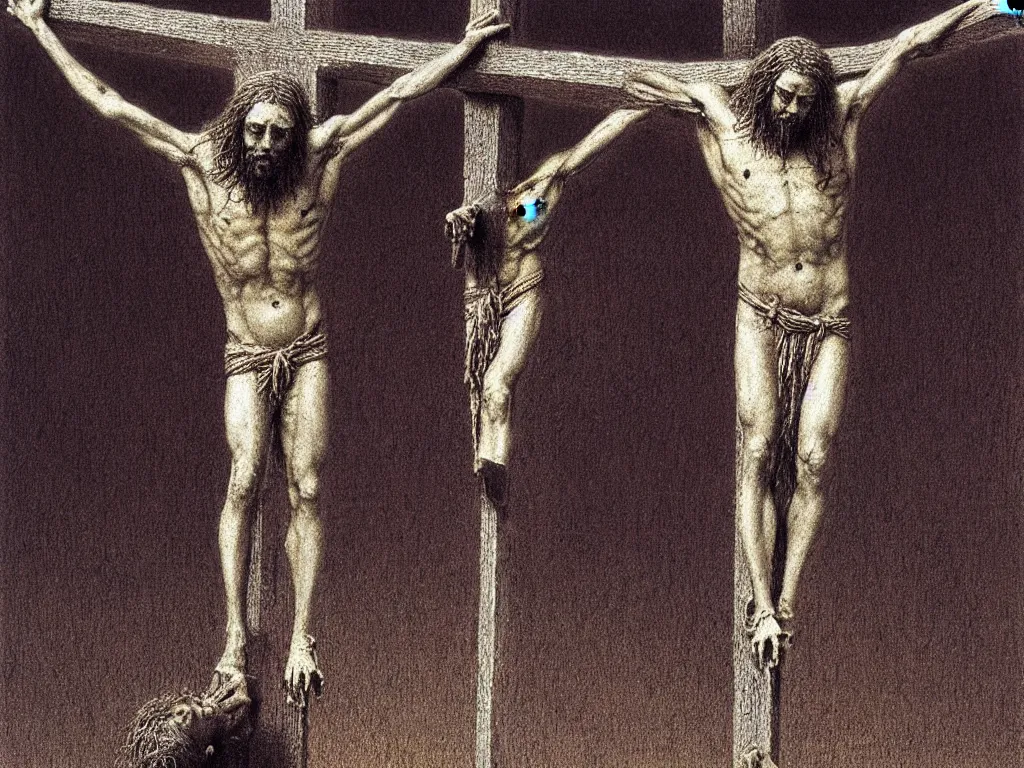 Image similar to jesus christ crucifixion by beksinski, fantasy, scary, award winning 8k