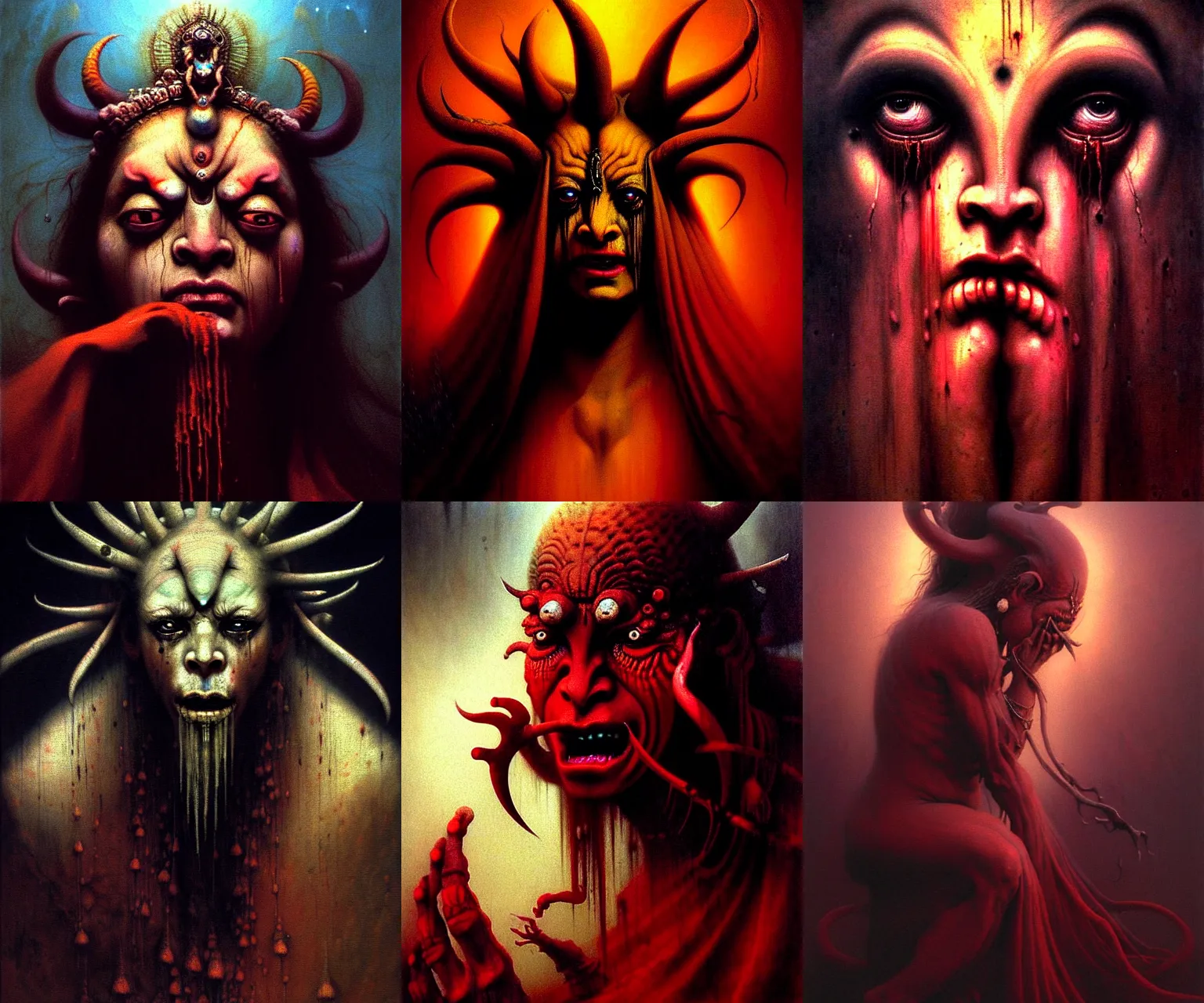 Prompt: A cinematic crying closeup portrait of the Hindu demon goddess of grief despair and sorrow, by Rembrandt van Rijn, by Wayne Barlowe, by Paul Lehr, by Bruce Pennington, by Zdzisław Beksiński, oil on canvas, masterpiece, trending on artstation, featured on pixiv, cinematic composition, astrophotography, dramatic pose, beautiful lighting, sharp, details, details, hyper-detailed, no frames, 8K