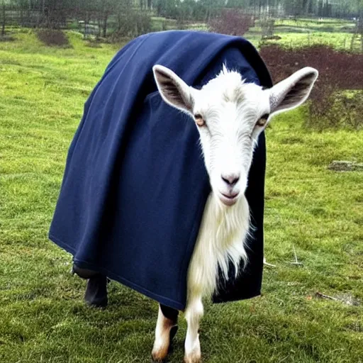 Image similar to a goat wearing a dark hooded cloak