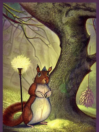 Prompt: the squirrel king, extremely plump and sitting on his throne made of tree branches palace, wearing crown of acorns and dandelions, servant squirrels, king arthur's court, low angle, palace, fantasy art, cinematic lighting,