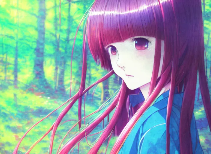 Prompt: portrait of a young forest girl, anime, shigeto koyama, narumi kakinouchi,jean giraud, manga, bright colors, beautiful, 28mm lens, vibrant high contrast, gradation, cinematic, rule of thirds, great composition, intricate, detailed, flat, matte print, sharp,clean lines,yoshitaka amano, haruhiko mikimoto