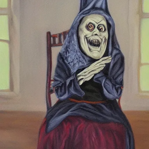 Prompt: creepy old cursed witch watching you sleep, eerie, haunted, oil painting