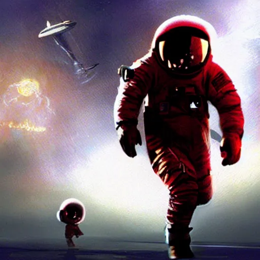 Prompt: movie poster, baby red astronaut, invisible arms, digital art by Craig Mullins