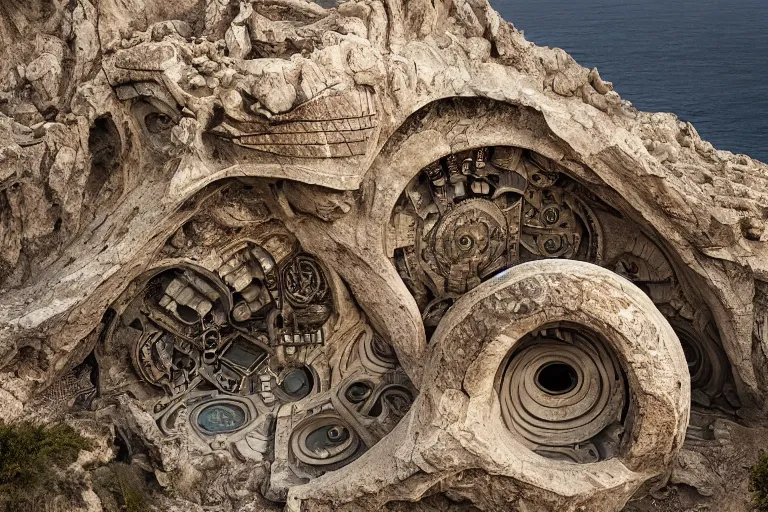 Image similar to a gigantic paleolothic torus made of stone with highly detailed carvings of intricate shamanic robotic electronics and circuitry, in a mediterranean lanscape, inside a valley overlooking the sea, in the style of michal karcz