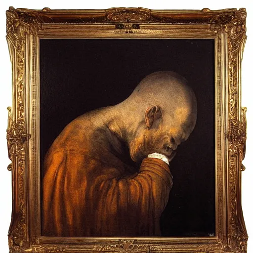 Prompt: portrait of a headless monk painted by Rembrandt, oil paint, framed painting