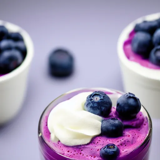 Prompt: delicious looking blueberry milkshake, blueberries on the side, whipped cream on top, 8 k resolution, professional food photography, studio lighting, sharp focus, center frame, hyper - detailed