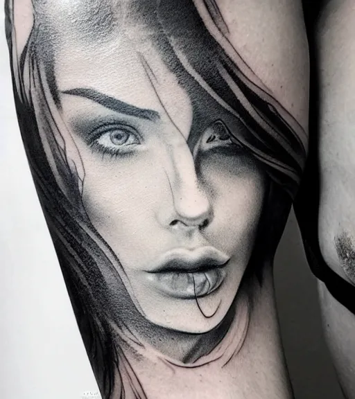 Image similar to tattoo design sketch of an extremely beautiful woman face next to a faded background of beautiful mountains on her side, hyper - realistic, double exposure effect, in the style of matteo pasqualin, amazing detail, black and white, faded