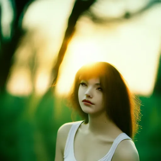 Image similar to beautiful hyperreal photograph of a cute woman,, golden hour, soft focus, medium shot, 8 k, portra 4 0 0