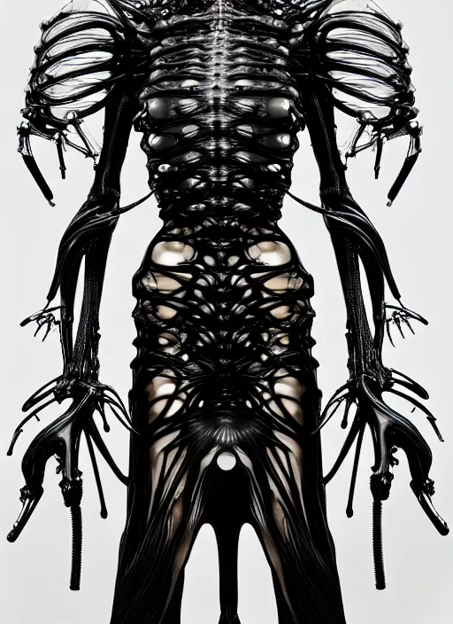 Image similar to iris van herpen gothic inflateble dark dress, perfect symmetrical body, helmet on face, full body shot, alien, plant predator, guyver, giger, wires, tubes, veins, jellyfish, white biomechanical details, wearing epic bionic cyborg implants, masterpiece, intricate, biopunk, vogue, highly detailed, artstation, concept art