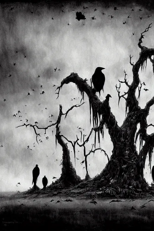Prompt: in the black storm, crows on a gnarled tree, on a darkling plain, drawn by christan delort and jean gireaud, graphic black and white, low camera, wide angle, centered composition, golden ratio