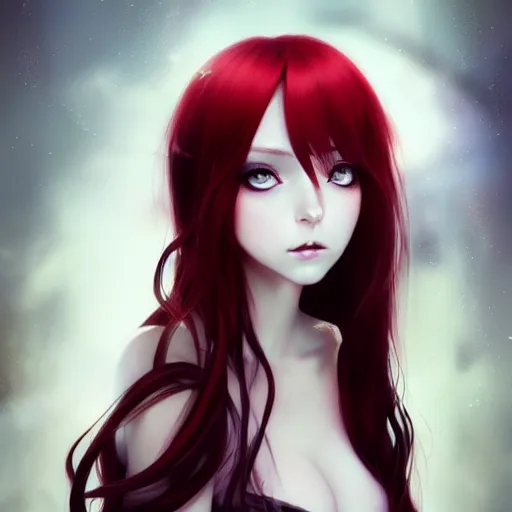 Image similar to facial portrait of a young pretty anime woman, long red hair, dark eyes, gothic eyeliner, character concept art, headshot, Charlie Bowater, Anna Dittmann, WLOP, Rumiko Takahashi, Akihiko Yoshida, Hyung-tae Kim, alexander mcqueen, trending on Artstation