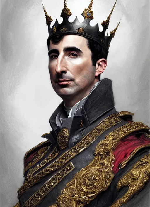 Image similar to portrait of lord john oliver as stoic king, royalty, extravagant, lord, full body, military uniform, fantasy, intricate, elegant, beautiful, highly detailed, charcoal, centered, dark, smokey, digital painting, artstation, concept art, art by artgerm and greg rutkowski and alphonse mucha