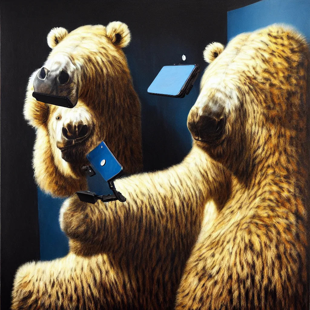 Prompt: rare hyper realistic painting by rembrandt, studio lighting, brightly lit blue room, a giant zebra polar bear taking a selfie covered in chocolate slime, real fur, real feather, real hair, real skin