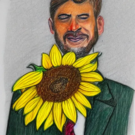 Prompt: man with a sunflower instead of a head wearing a business suit, color pencil sketch