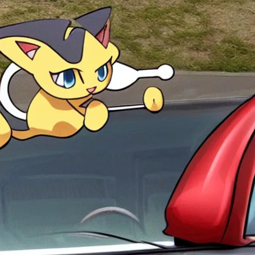 Image similar to Meowth from Pokémon breaking the side window of a car with a baseball bat.