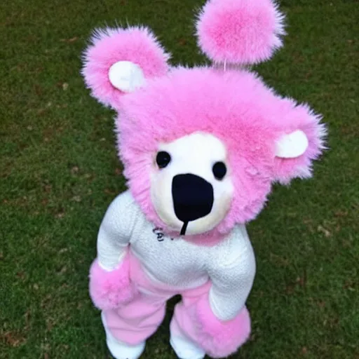 Image similar to a cute white teddy bear with pink ears wearing a pink cheetah print leotard