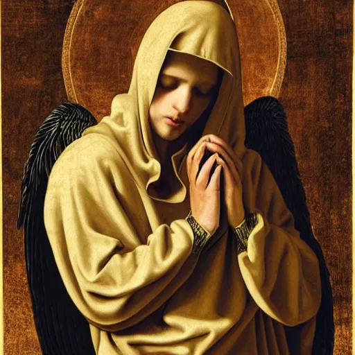 Image similar to a hooded angel praying, hyper realistic, hyper detailed, coherent, renaissance style,