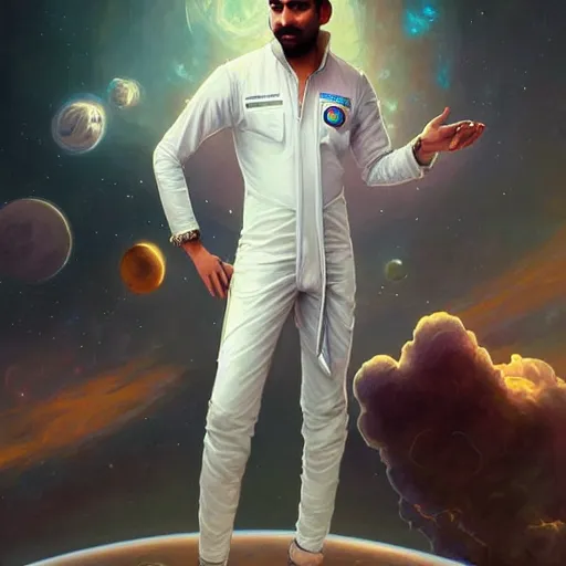 Image similar to Sensuous good looking pale young Indian doctors wearing jeans in a space station above Earth, portrait, elegant, intricate, digital painting, artstation, concept art, smooth, sharp focus, illustration, art by artgerm and greg rutkowski and alphonse mucha