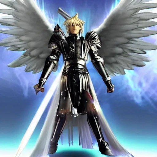 Image similar to An archangel man standing in a medieval battlefield points a white fantasy sword towards the sky with a beacon of light coming down to refract off of the swords tip into shattered beam fragments around his body, final fantasy 7 style