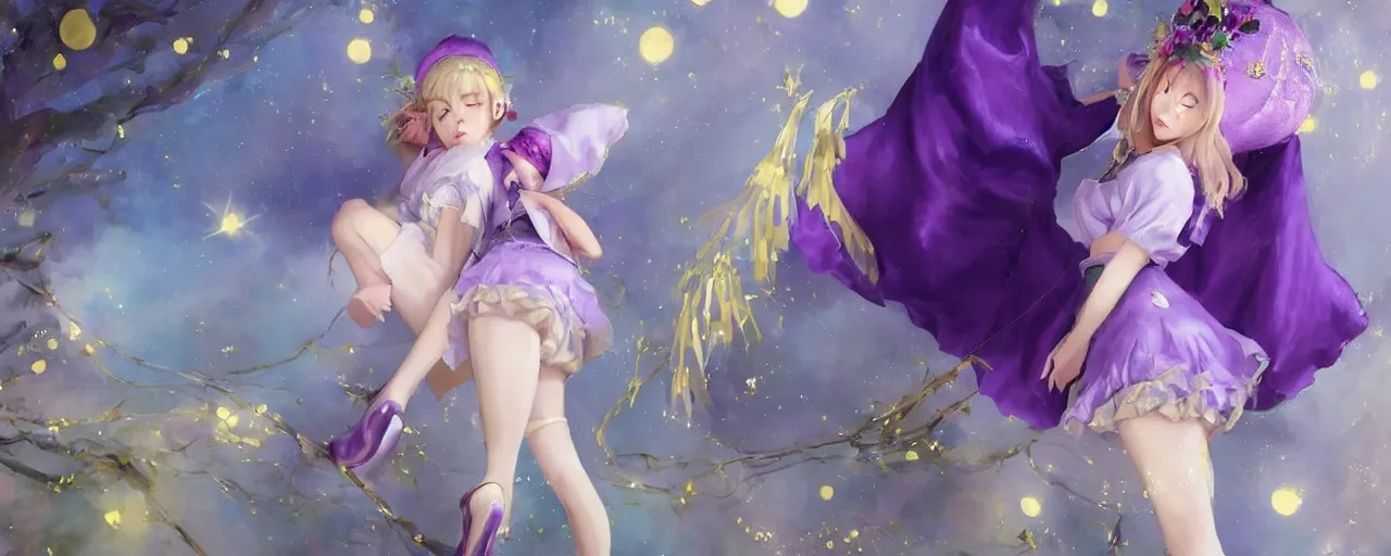 Image similar to Full View of a mysterious kpop fairy maidens with short blond hair wearing an oversized purple Beret, Baggy Purple overall shorts, Short Puffy pants made of silk, silk shoes, a big billowy scarf, Golden Ribbons, white leggings Covered in stars. Short Hair. peasant magic. masterpiece 4k digital illustration by Ruan Jia and Mandy Jurgens and Artgerm and william-adolphe bouguereau, award winning, Artstation, art nouveau aesthetic, Alphonse Mucha background, intricate details, realistic, panoramic view, Hyperdetailed, 8k resolution, intricate art nouveau, smooth, sharp focus