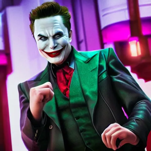 Prompt: A still of Elon Musk as Joker on Joker (2019), award winning photo, unreal engine, highly detailed features