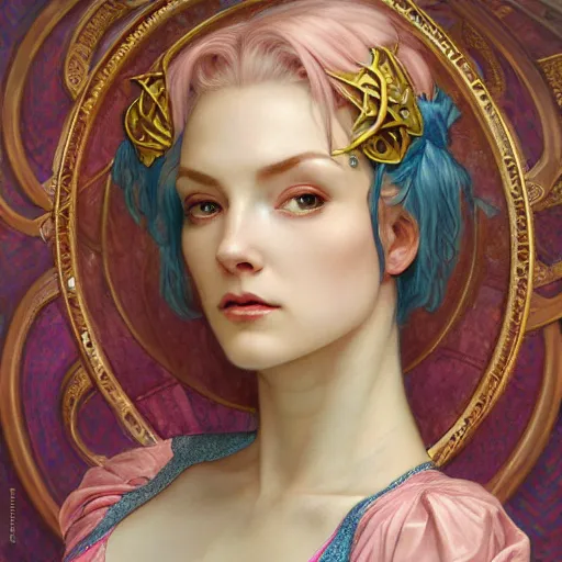 Prompt: Masterpiece head and shoulders portrait of Fiora from League of Legends of Arcane animated Series with pink and blue short hair and arcane armor drawn by Donato Giancola and Tom Bagshaw, Edmund Leighton, Alphonse Mucha, background by James Jean and Gustav Klimt, 4k, porcelain skin, volumetric lighting, komorebi, french nouveau, trending on artstation, octane render, hyperrealistic