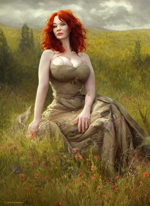 Image similar to Christina Hendricks taking a rest in a meadow after an long adventure, a ruggedly muscled handsome heroine, intricate, elegant, highly detailed, centered, digital painting, artstation, concept art, smooth, sharp focus, illustration, artgerm, donato giancola, Joseph Christian Leyendecker, WLOP, Artgerm, thunder storm