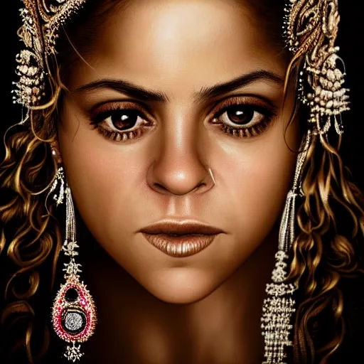 Image similar to beautiful very detailed portrait of Shakira with lots of jewelry, digital art , photos by Annie Leibovitz, moody, models by 500px, dramatic cinematic lighting rendered by octane, 8k, detailed, intricate, clean and textures, trending on artstation, deviantart google images, pinterest