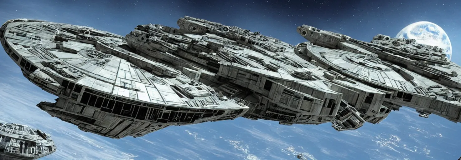 Prompt: star wars millenium falcon entering the death star gigantism