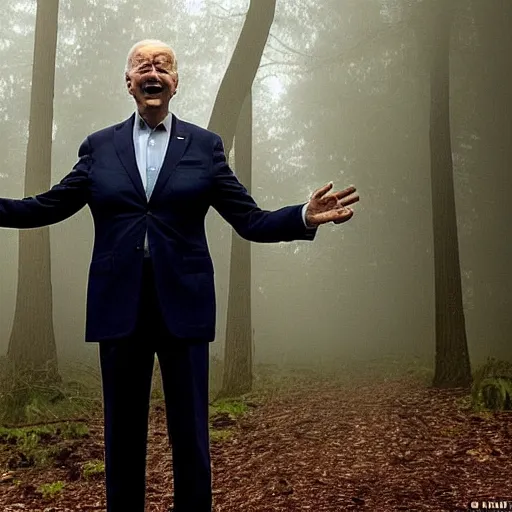 Prompt: joe biden with 4 arms standing ominously far in the foggy woods with a demonic wide smile in his face in the new horror movie, creepy