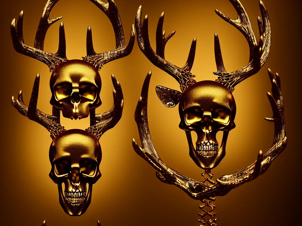 Prompt: deer skeleton dripping gold, chrome plated roses, gilded paracosm, tree of life in the background, moody, dramatic, transcendent, vibrant color, clean linework, finely detailed, 4 k, trending on artstation, photorealistic, volumetric lighting, octane render