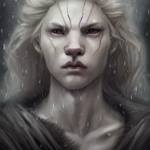 Image similar to aesthetic portrait commission of a albino muscular and attractive anthro lion as a character form game of thrones, gloomy/wet atmosphere, dim lighting, hyperdetailed. Character design by charlie bowater, ross tran, artgerm, and makoto shinkai, detailed, inked, western comic book art, 2021 award winning painting