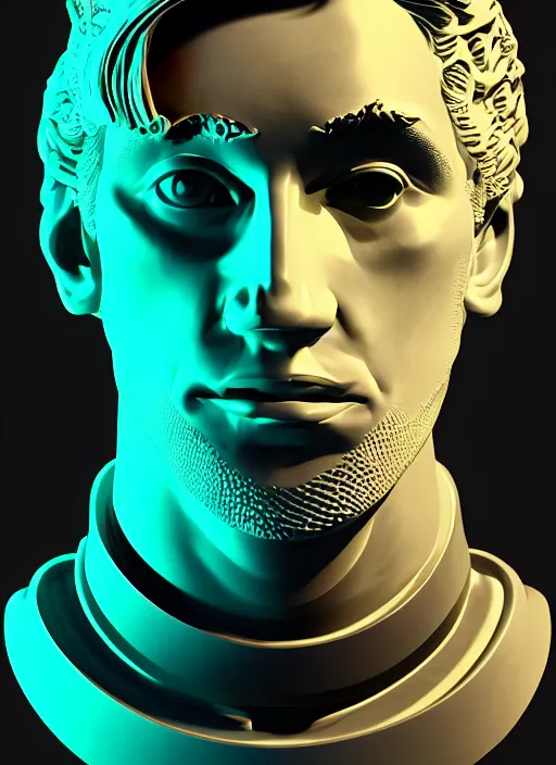 Prompt: bust of uberchad with chiseled jaw, beeple, vaporwave, retrowave, black background, neon wiring, black, glitch, strong contrast, cuts, pinterest, trending on artstation