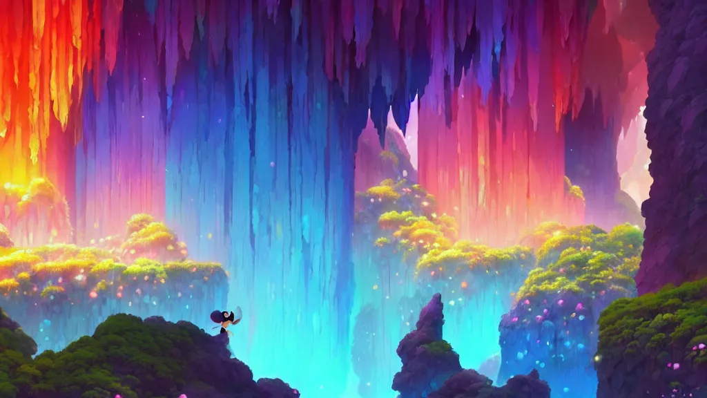 Image similar to colorful crystal cave, studio ghibli, pixar and disney animation, sharp, rendered in unreal engine 5, highly detailed, digital painting, artstation, concept art, smooth, sharp focus, illustration, wide angle, artbook, wallpaper, splash art, promo art, dramatic lighting, art by artgerm and greg rutkowski and bo chen and jin xiaodi