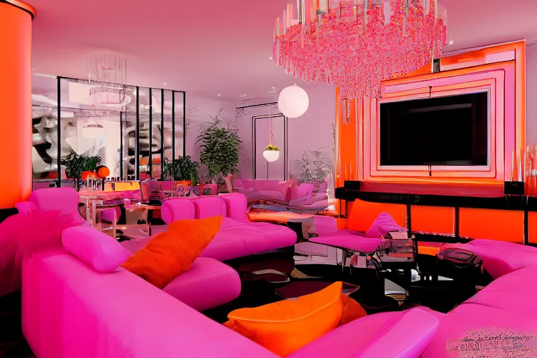 Prompt: cinematic interior establishing shot of a 7 0's living room, pink and orange, conversation pit, cocktail bar, party, artificial light, moody, evening atmosphere, interior design details