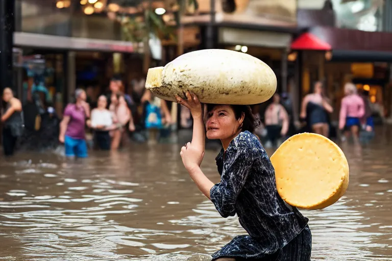 Image similar to closeup portrait of a woman carrying a wheel of cheese over her head in a flood in Rundle Mall in Adelaide in South Australia, photograph, natural light, sharp, detailed face, magazine, press, photo, Steve McCurry, David Lazar, Canon, Nikon, focus