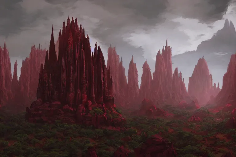 Image similar to dramatic render of a cathedral, gothic architecture, carved of red rock, tall spires, top of a canyon, vultures, concept art by studio ghibli and eddie mendoza, atmospheric, moody, dark, cinematic, volumetric lighting, 8K