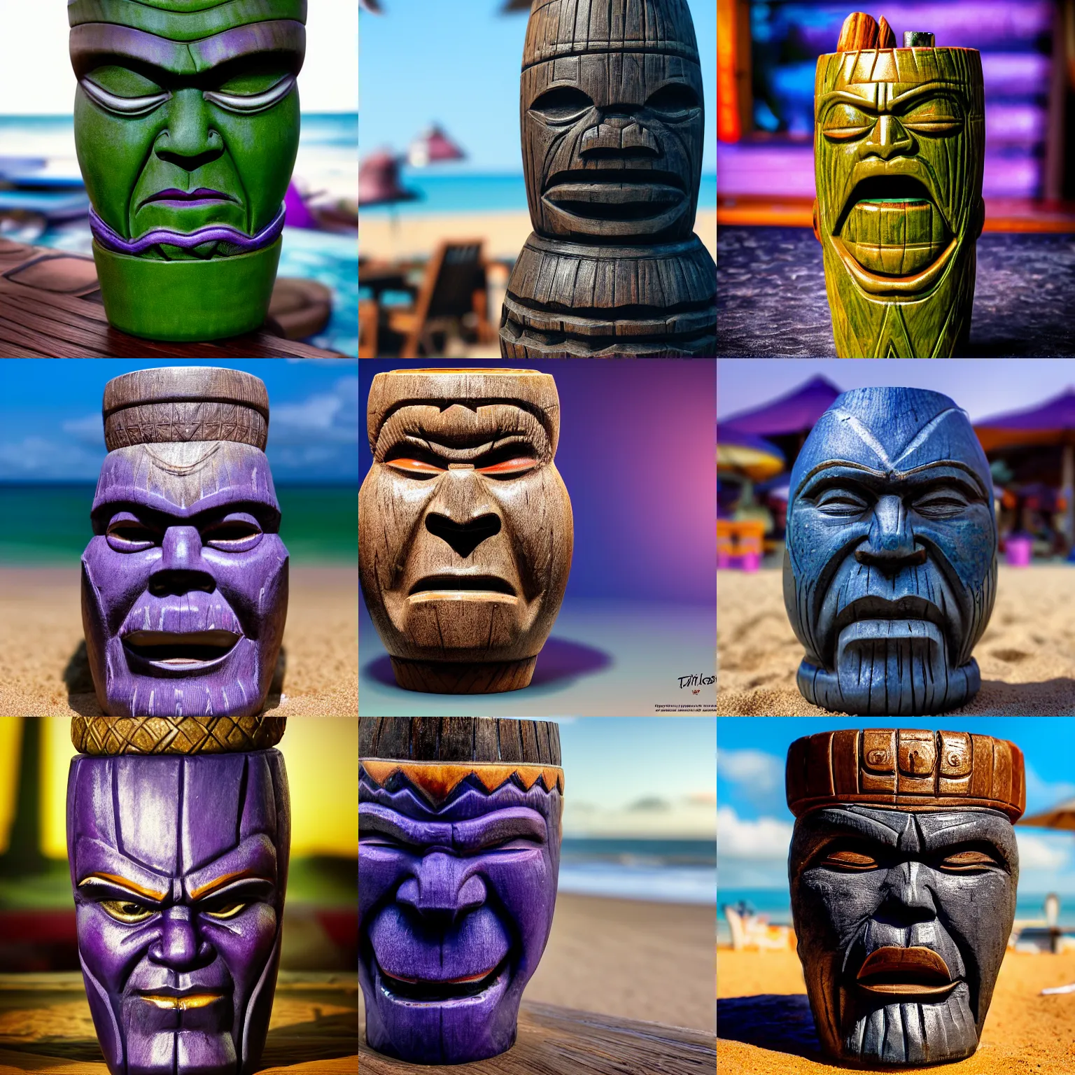 Image similar to a closeup photorealistic photograph of a thanos style tiki mug sitting at a trader vic's beach bar featuring the face of thanos. tiki party. bright scene. fine detail. this 4 k hd image is trending on artstation, featured on behance, well - rendered, extra crisp, features intricate detail, epic composition and the style of unreal engine.