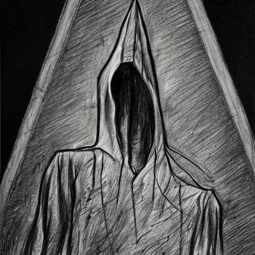 Image similar to Black and white drawing of Pyramid Head, Stephen Gammell style, evil, high detail, Scary Stories