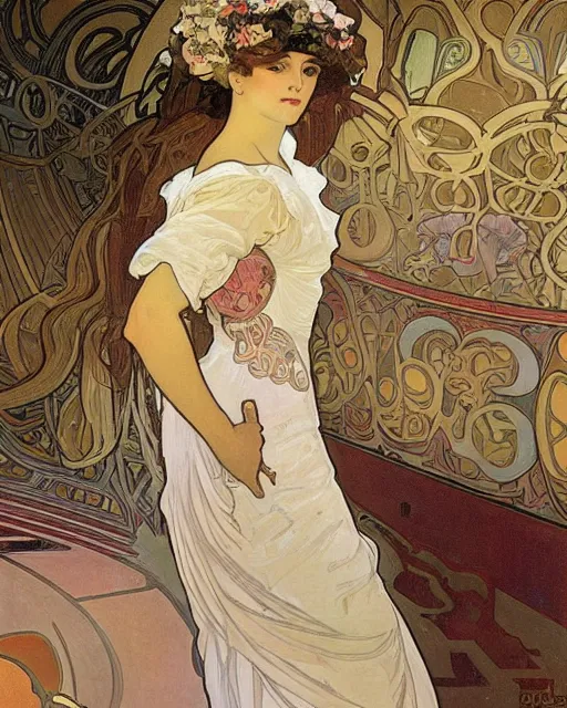 Image similar to painting alphonse mucha, the interior of the opera house, a singer in a white dress on a lighted stage, a palette of pastel colors