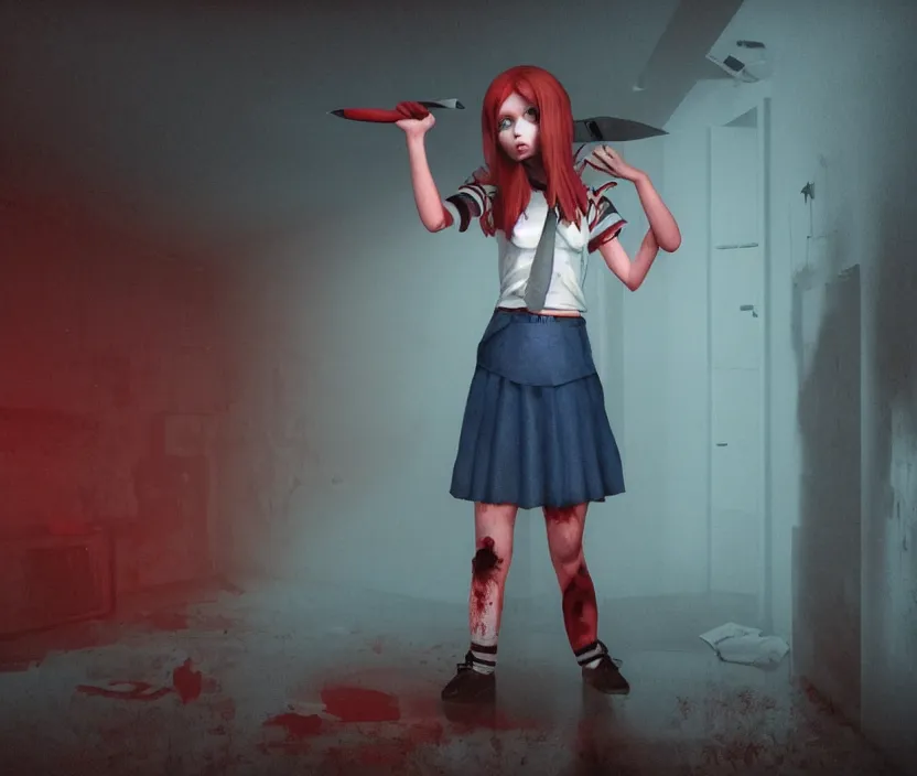 Image similar to school girl holding a knife and standing on an abandoned hospital room with red ceiling lighting and several blue lights on the walls, gloomy and foggy atmosphere, octane render, artstation trending, horror scene, highly detailded