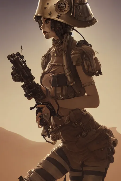 Image similar to dieselpunk soldier girl, helmet, shoulders, chest, portrait, desert, armored, highly detailed, sharp focus, art, illustrations by wlop and ayanamikodon and irakli nadar and loish and rossdraws, frostbite engine