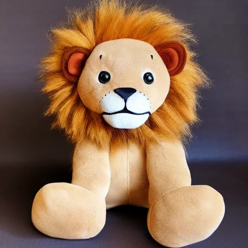 Image similar to a lion plush. beautifully made, detailed, cute, soft. high quality, studio lighting, product image